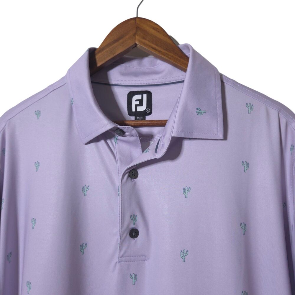 FootJoy Polo Shirt Mens XL Purple Cactus Print Performance Logo Golf Casual